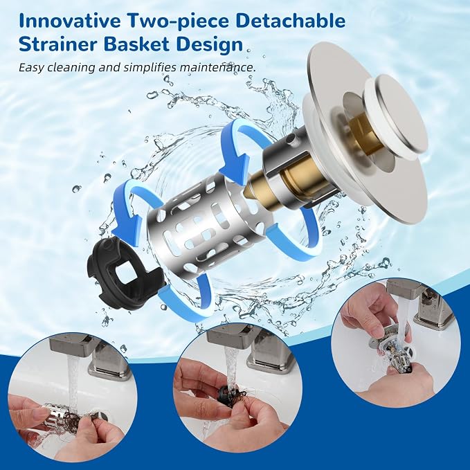 Hibbent 3 PCS Upgraded 3 in 1 Bathroom Sink Drain Strainer, Pop Up Stopper - Image 2