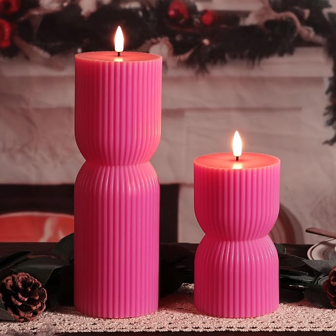 Hot Pink Ribbed Flameless Pillar Candles - Image 7