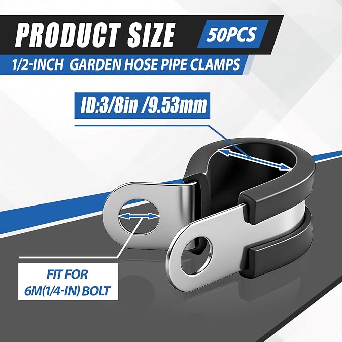 50 Pcs 3/8 Inch Cable Clamps Stainless Steel Pipe Clamps Holder Rubber Coated - Image 2