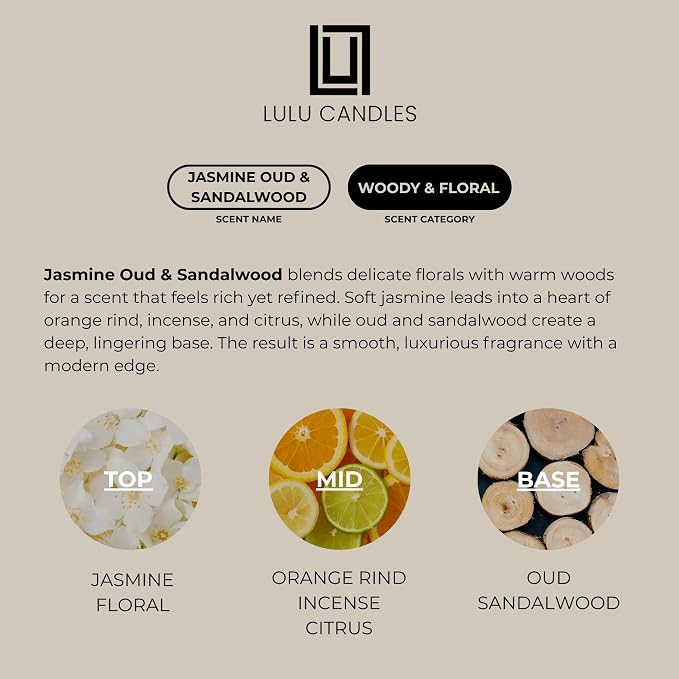 Lulu Candles Jasmine, Oud & Sandalwood Scented Soy Blend Jar Candle, 9 Oz. - Image 4
