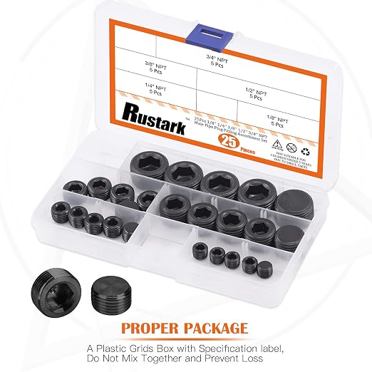 25 Pcs Carbon Steel Pipe Plugs Assortment Set - Image 4