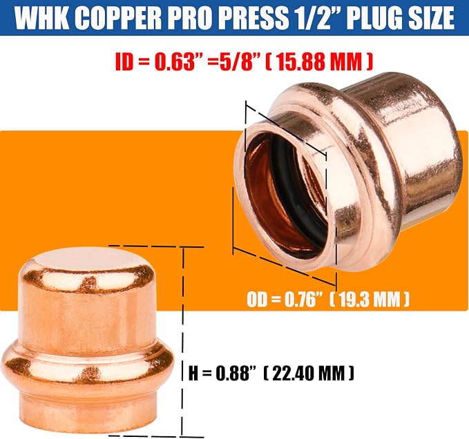 WHK 12 Pack 1/2 Inch Pro press Copper End Cap Pro Press 1/2" Cooper End Plug - Image 2