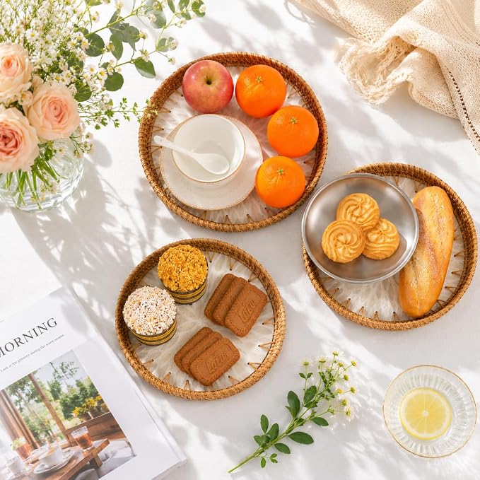 Round Rattan Serving Trays, Decorative Wicker Trays, Bread and Fruit Display - Image 3