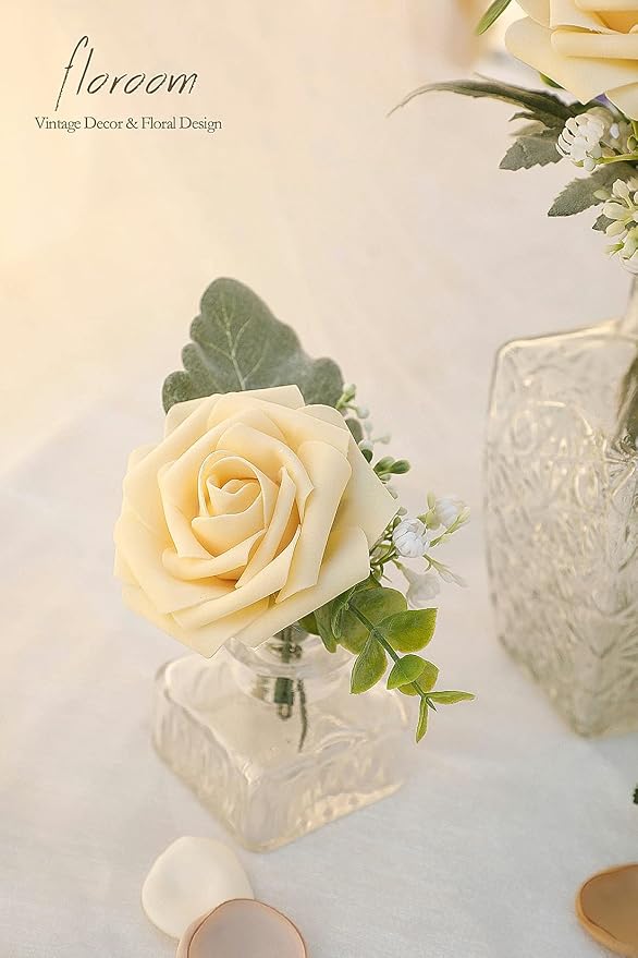 Artificial Flowers 50pcs Real Looking Creamy Yellow Foam Fake Roses - Image 4