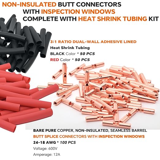 24-18 AWG Wire Splice Kit – 100 PCS 24-18 Gauge Bare Copper Non-Insulated Butt - Image 2