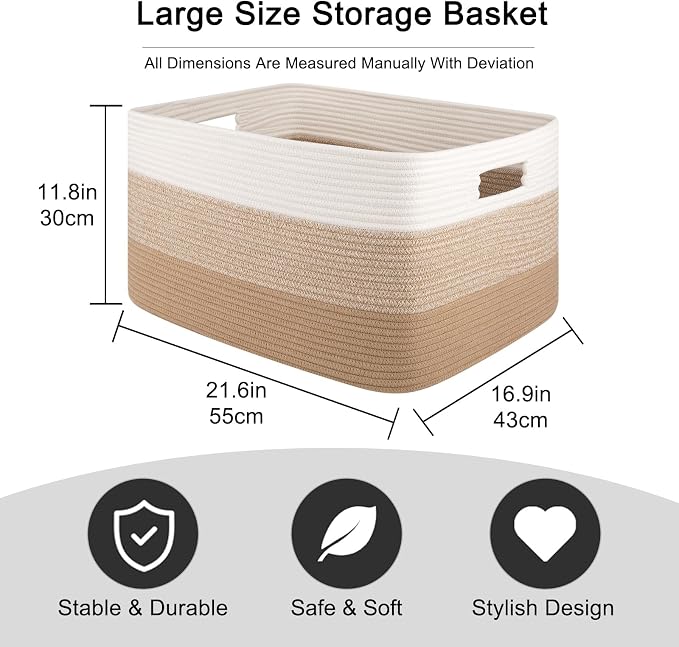 OIAHOMY Blanket Basket Laundry Basket Dog Toy Basket 75L Light Yellow | Large - Image 3