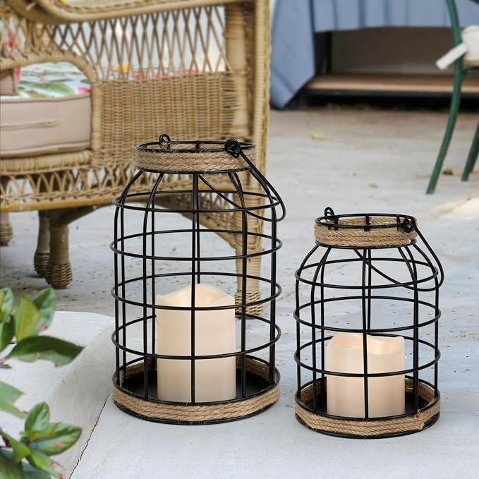 Rustic Farmhouse Decorative Lantern Set of 2, Boho Lanterns - Image 3