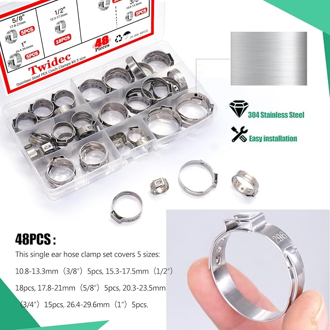 Twidec/48PCS 3/8", Stainless Steel Pex Crimp Rings, Single Ear Hose Clamps - Image 6