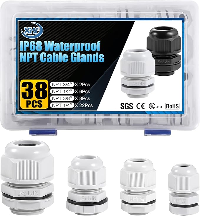 XHF IP68 Nylon Waterproof NPT Cable Glands Kit 38pcs 1/4", 3/4'' UL Listed and by XHF
