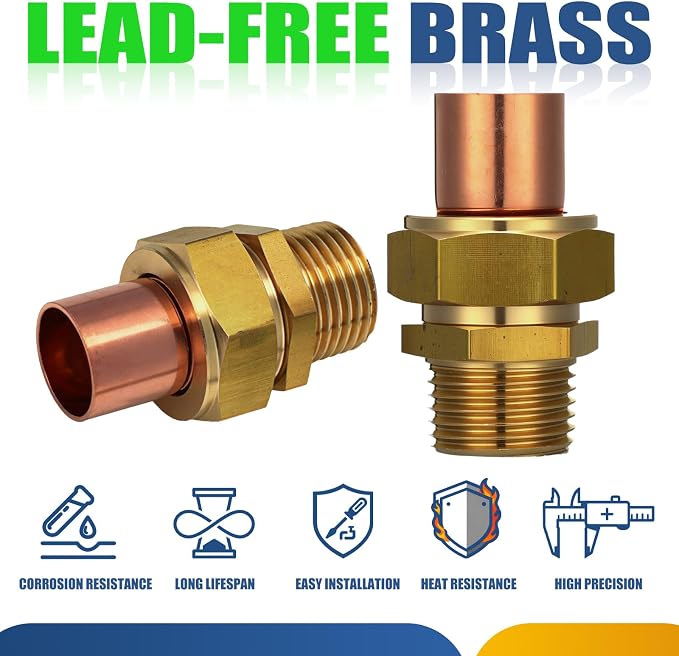 2 Pack 1/2" C x MIP LF Brass Pipe Copper Union Sweat to Male | - Image 5