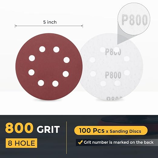 HARFINGTON 100 Pcs 5 Inch Sanding Discs 800 Grit Red Aluminum Oxide 8 Hole | - Image 2