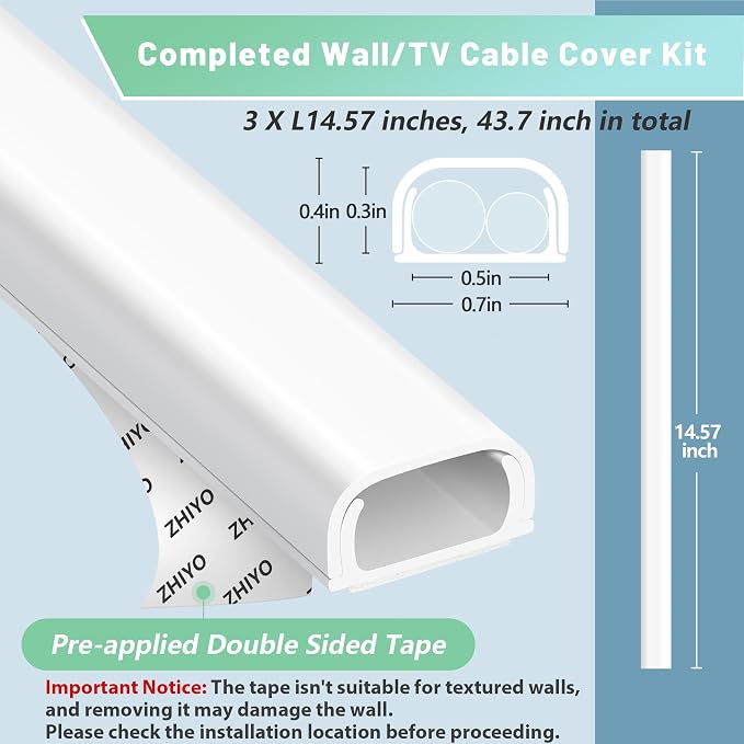 ZhiYo 43" Cord Covers for Wires on Wall, 0.7" W x 0.4" H | Fits 2 Cords - Image 5
