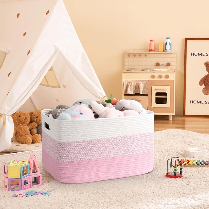 OIAHOMY Blanket Basket Laundry Basket Dog Toy Basket 75L Pink/White | Large - Image 2