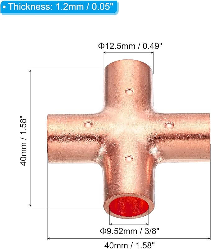 PATIKIL 3/8 Inch ID Copper Union Cross Pipe Fitting, 2 Pack 4 Way Welding - Image 2