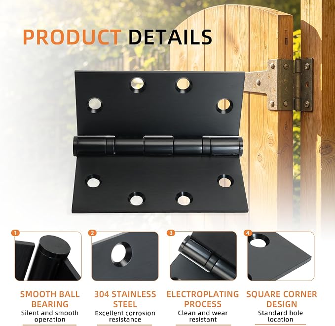 6-Pack 4.5 X 4.5 inch Black Heavy Duty Commercial Door Hinges Thickened | - Image 3