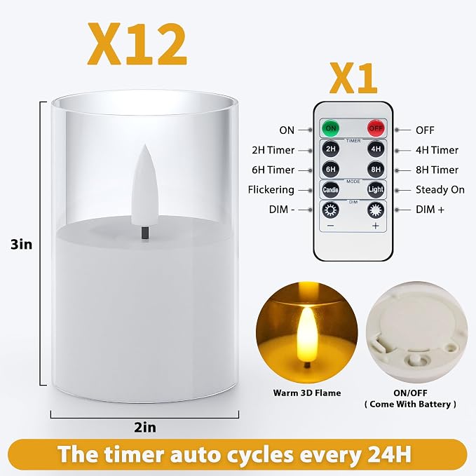 12Pack Flameless LED Candles, Remote & Timer, Battery Powered, Wedding Tables - Image 2