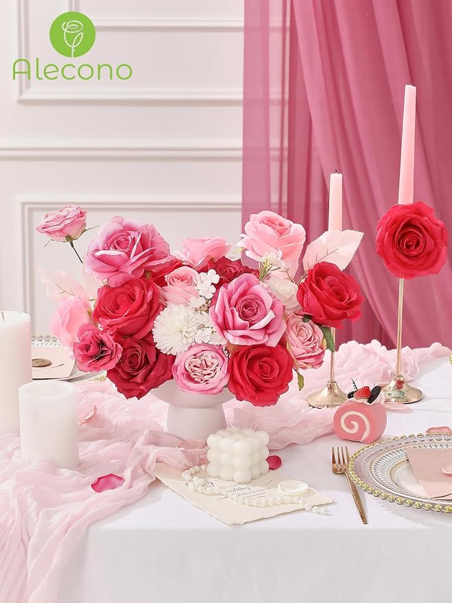 Alecono Hot Pink Artificial Flowers, Silk Fake Roses Combo Box Set | - Image 2