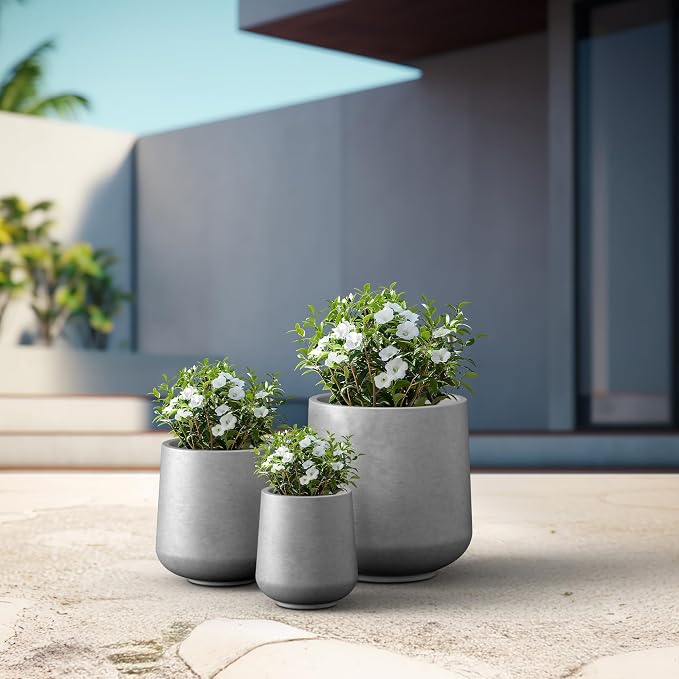 Kante Set of 3 Pale Gray Concrete Curved Planters 16.5" 13" 9.4" Dia | Drainage - Image 6