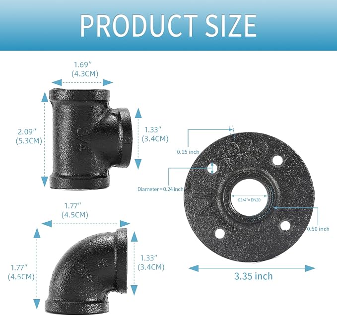 3/4" Black Pipe Fitting, 20 Pack Flange/Elbow/Tee Combo - Image 2