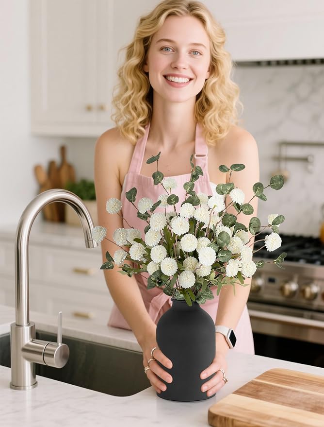 BLOSMON Fake Mum Flowers in Vase, Faux Silk Pom Poms, Floral Arrangements - Image 6