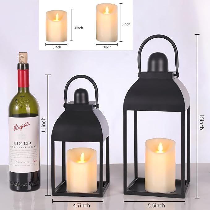 Lanterns Decorative Indoor 15" 11" Set of 2 Black Metal Lantern - Image 2