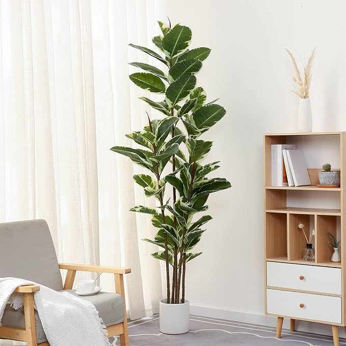 FLOWORLD Artificial Rubber Tree Plant 6ft Tall Faux Ficus Tree Potted Fake by Home
