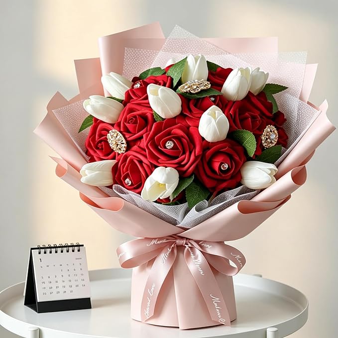 AmyHomie Dark Red Rose 50pcs Real Looking Artificial Flowers w/Stem | Bouquet - Image 2