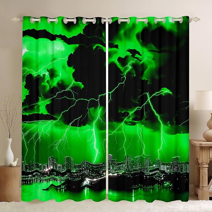jejeloiu Green Thunder Lightning Window Drapes Cool Flashing Lightning Blackout by jejeloiu