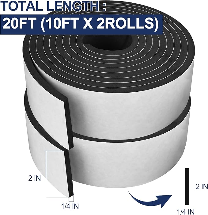 20Ft Self Adhesive Foam Seal Strips 2In x 1/4In x 10Ft Each Roll Weatherstrips - Image 2