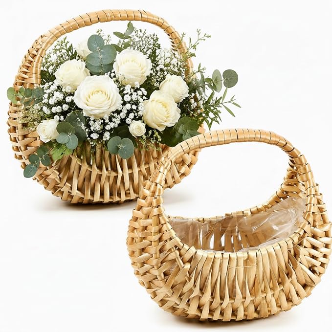 2 Pack Flower Girl Basket with Handle, 6.7 x 6.5 x 4.3 Inch, Nature | 6.7 x 6.5 by Taiyin