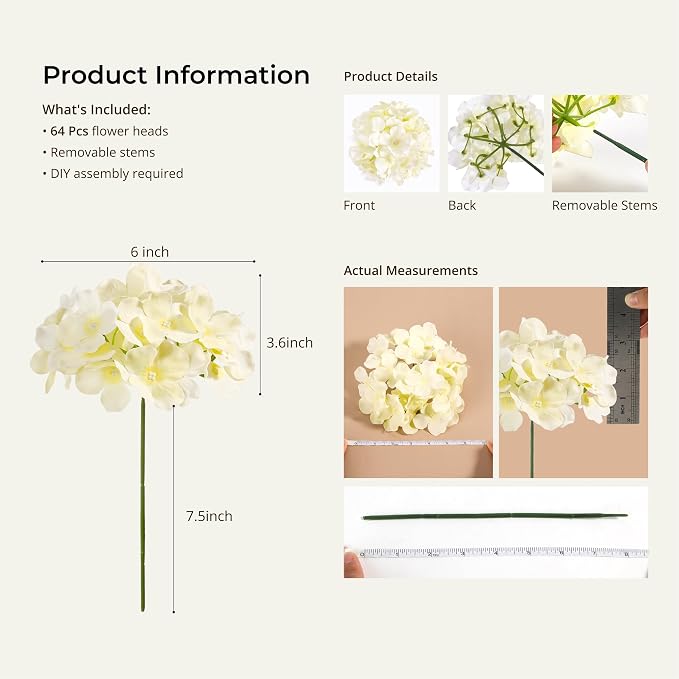 Auihiay 64Pcs Champagne Artificial Hydrangea Flowers, Silk Hydrangeas | Full - Image 3