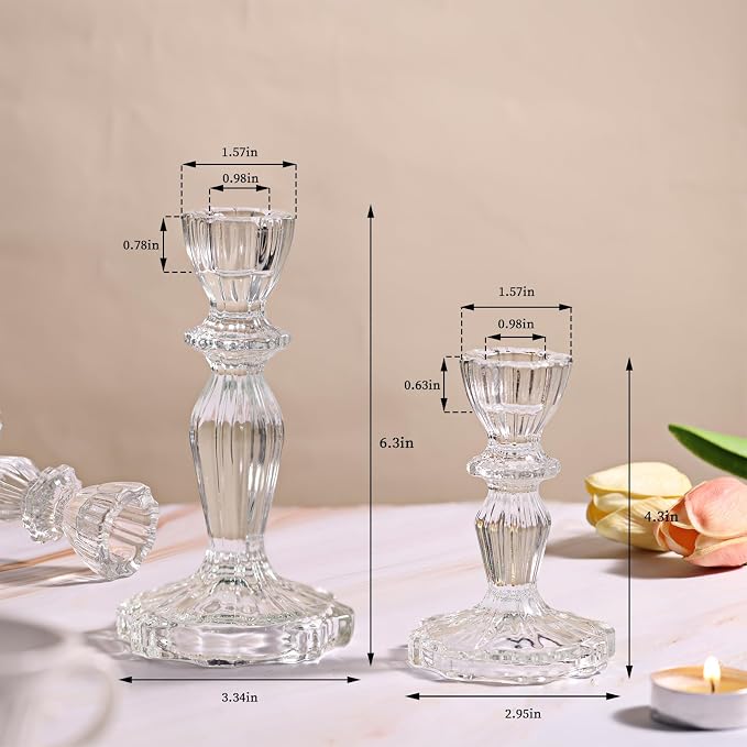 Clear Candlestick Holders Set of 6, Glass Taper Candle Holders | 4.3" H & 6.3" H - Image 3