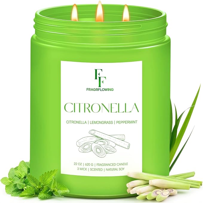 Citronella Large Scented Candle Outdoor Indoor, 3-Wick 22oz Long Lasting by FFFRAGRFLOWING