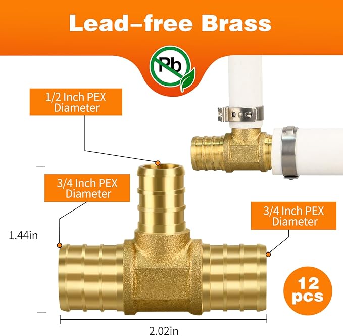 12 Pack 3/4" × 3/4" × 1/2" Brass PEX TEE Fittings | - Image 2