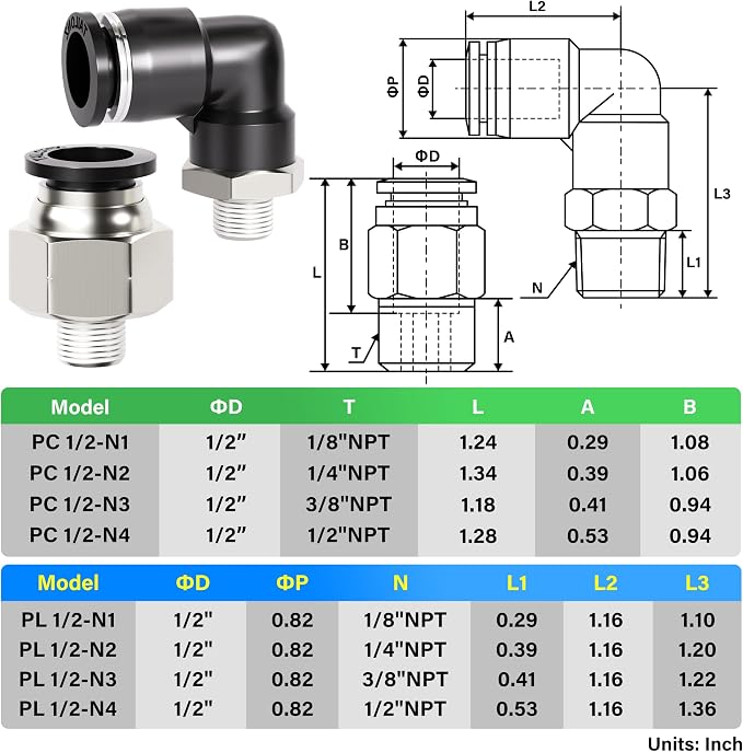TAILONZ PNEUMATIC Elbow and Straight Combination 1/2 Inch Tube OD x 1/8 Inch - Image 2