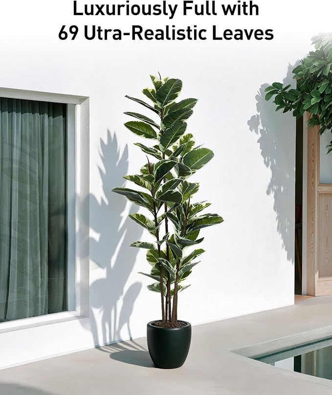 FLOWORLD Artificial Rubber Tree Plant 6ft Tall Faux Ficus Tree Potted Fake - Image 2