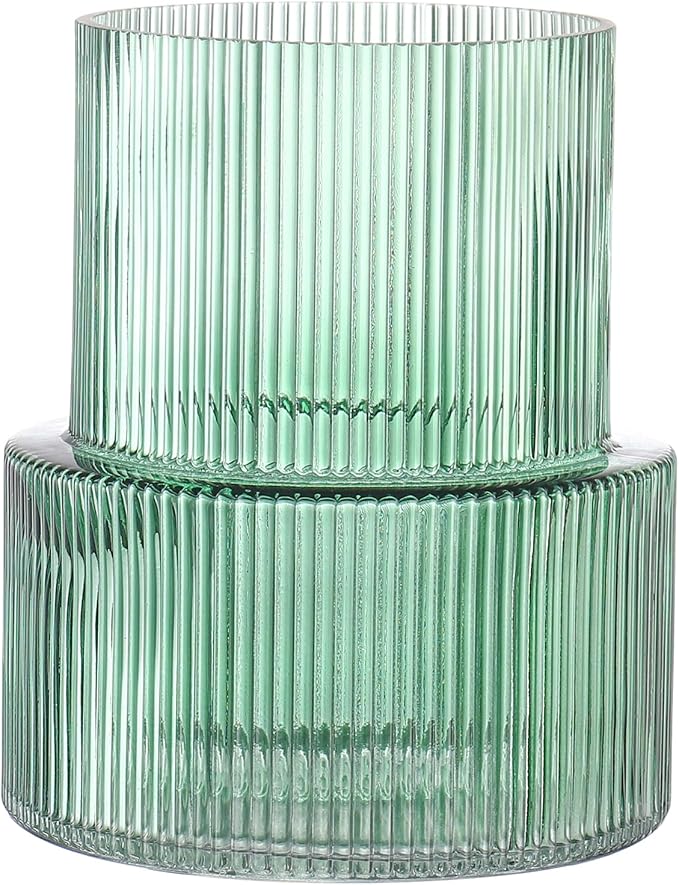 Green Glass Vase, Ribbed Glass Vase by YANWE
