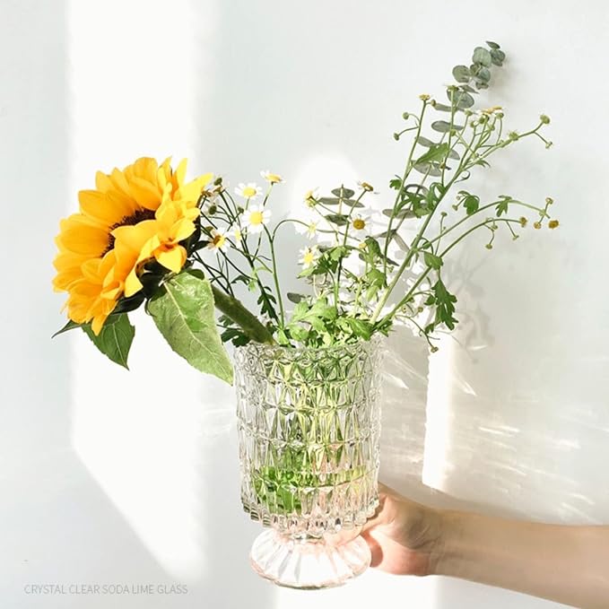 BLOFLO Embossed Glass Vase, Pedestal Big Base Glass Bouquet Vase, Hydroponic - Image 6