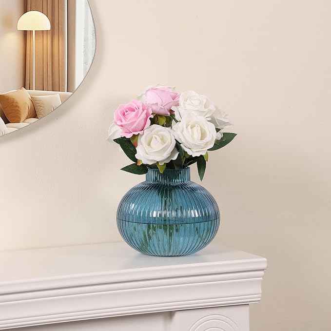 Blue Glass Vase for Tulips, Ribbed Glass Vase for Flowers, Round Flower Vases - Image 7