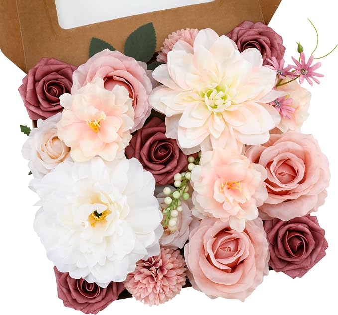 Artificial Flowers Combo Pink Flowers Mix Silk Flowers Dahlia Roses - Image 8
