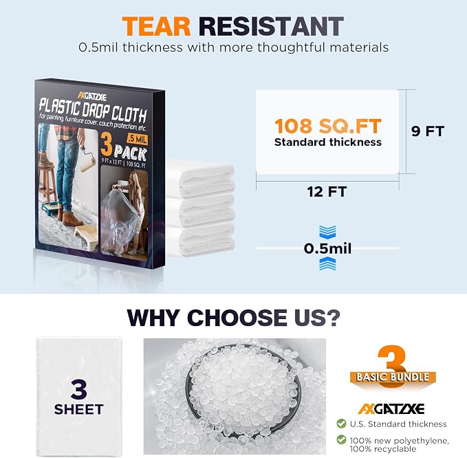 Axgatoxe 12 x 9 Ft Plastic Drop Cloths - Image 5
