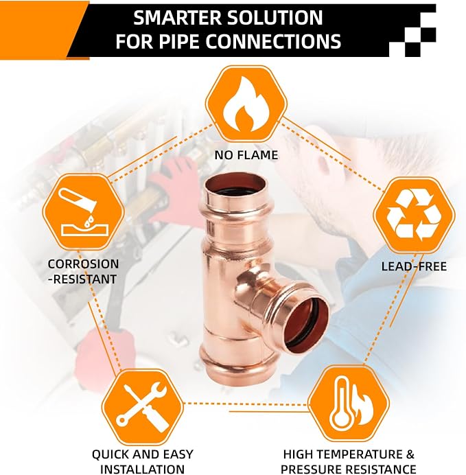1/2" Copper Press Fittings Tee for Copper Pipe Plumbing, 10 Pack | Lead-free - Image 3