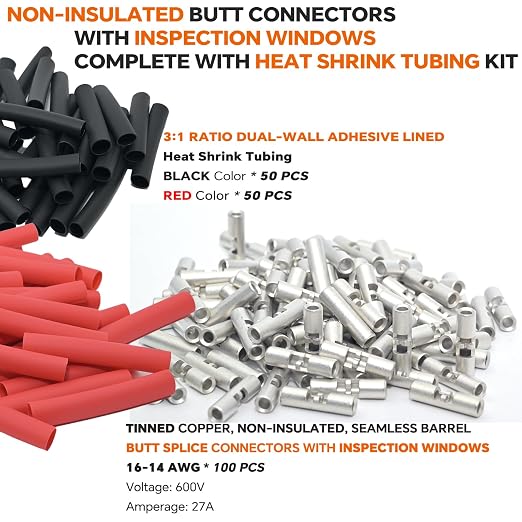 16-14 AWG Wire Splice Kit – 100pcs 16-14 Gauge Tinned Copper Non-Insulated Butt - Image 2