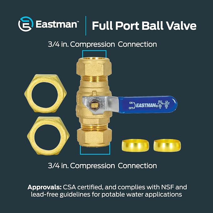 Eastman Full Port Ball Valve, 3/4 x 3/4 Inch Compression Ends, Brass Inline - Image 6