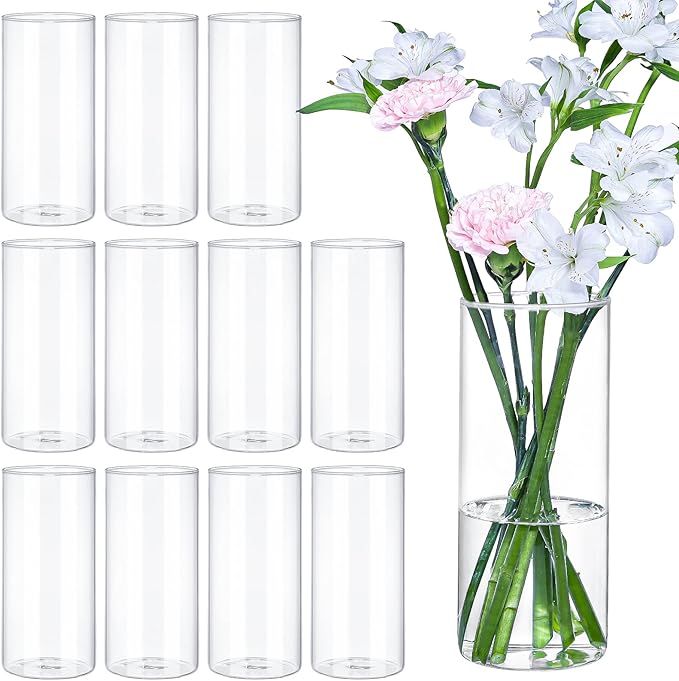 12pcs 8 Inch Clear Glass Cylinder Vases by TBWIND