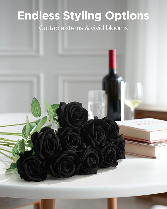 InnoGear Black Roses Artificial Flowers 50 Pcs Fake Velvet Silk Rose Floral | - Image 3