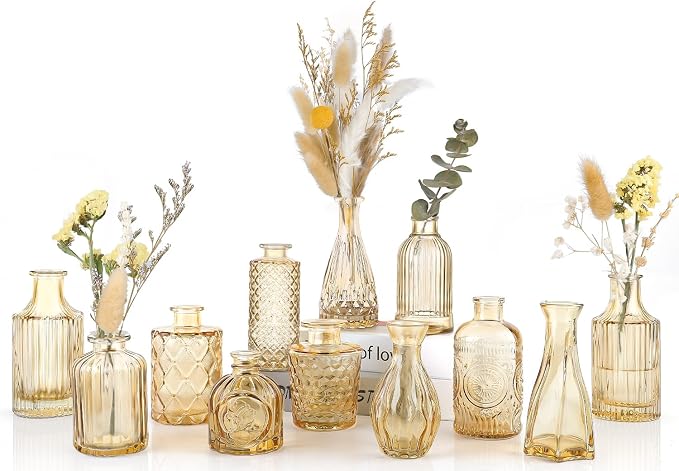 UPBUD Amber Gold Glass Bud Vases Set of 12, Small Vases by UPBUD