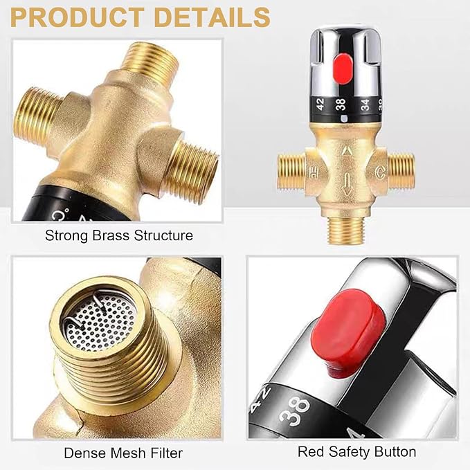 Water Mixing Valve, Thermostatic Mixing Valve 3-Way Adjustable Brass 1/2" Water - Image 6