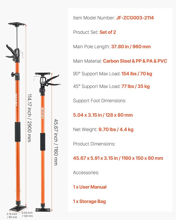 VEVOR Cabinet Jack Support Pole, 45.7-114.2 Inch Steel Telescopic Quick Support - Image 7