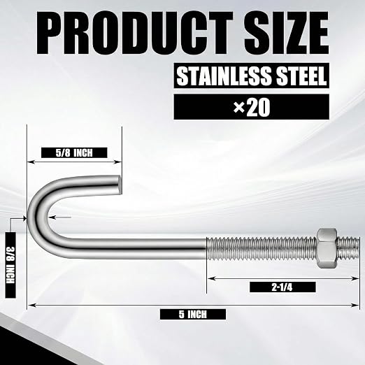 Yaocom 20 Pcs J Bolt with Nut 3/8"-16 x 5 Stainless Steel Concrete Anchors - Image 2